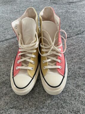 Two-Tone High Top Converse Canvas Sneakers in Coral & Yellow